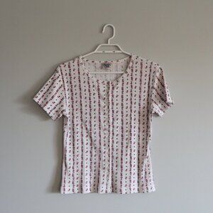 Huntington Ridge Women's Sz S/M Floral Button Down Crew Short Sleeve T-Shirt Top